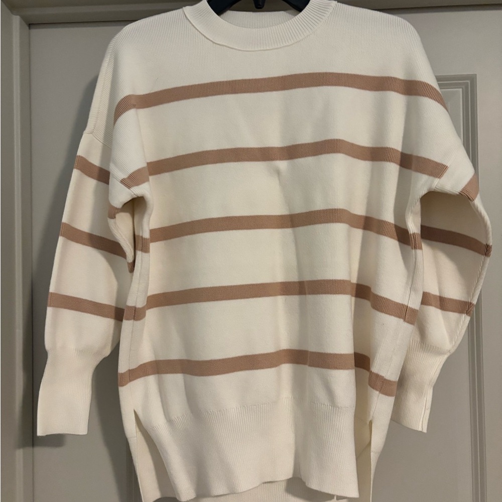 Pink Lily Cream and Tan Striped Crewneck Sweater NWOT